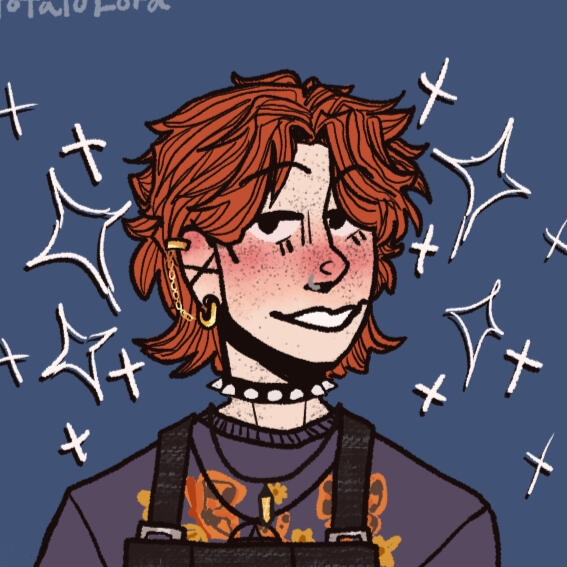 A Picrew of a young person with a ginger wolfcut. They are smiling at the camera. They are wearing a spiked choker, a nose piercing, and a yellow crystal necklace. They have on black overalls and a purple crewneck wih yellow butterflies on it.