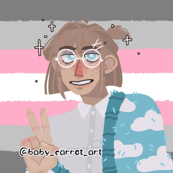 A Picrew of a young woman with brown eyes and black hair that has blonde under highlights. She is smiling at the camera and holding up a peace sign. She has a black top on with a brown plaid flannel and safety pin earrings.