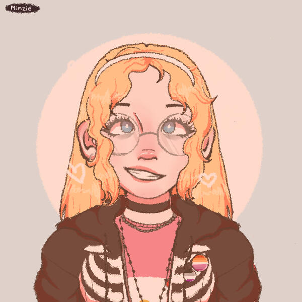 A Picrew of a woman with medium length wavy blonde hair is smiling. She is wearing a black jersey with skeleton bones on it over a pink shirt. She is wearing round glasses.