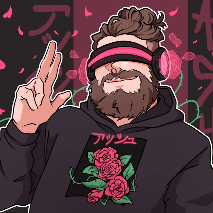 A Picrew of a person with red hair and red eyes. He is looking away and up from the camera. He is frowning slightly. There is a scar on his jawline and he is wearing a dark green overcoat.