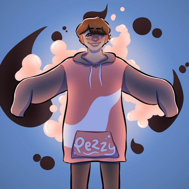 A chibi-style drawing of a young man with pale skin and short brown hair smiling. He is standing, and his arms are splayed outwards in a T shaped pose. He is wearing an oversized hoodie. The image has a blue background and it is backlit with pink light.
