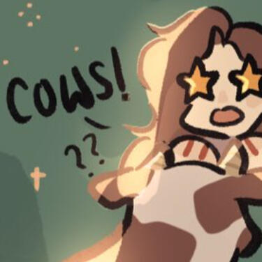 A chibi-style drawing of a young woman with brown hair and star eyes. She is looking at a brown and white spotted cow. The background is a green color, and the lighting is pale yellow.