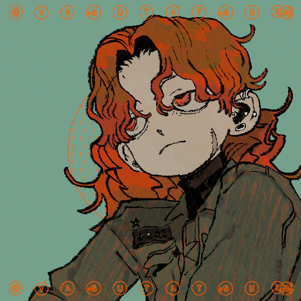 A Picrew of a person with red hair and red eyes. He is looking away and up from the camera. He is frowning slightly. There is a scar on his jawline and he is wearing a dark green overcoat.
