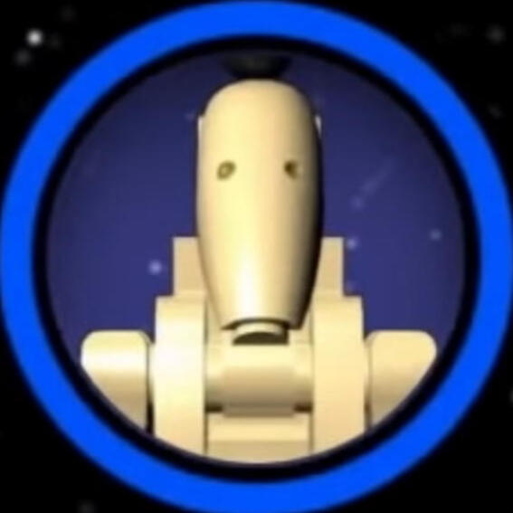 An image of a Lego droid from Star Wars. There is a bright blue circle bordering the image.