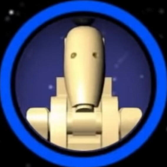 An image of a Lego droid from Star Wars. There is a bright blue circle bordering the image.